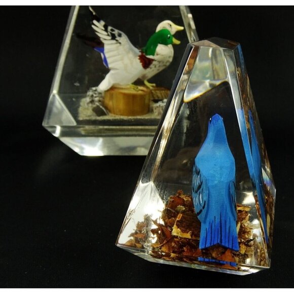 Vintage MCM Clear Lucite Prism Paperweight Lot Birds Canada Wood Carved - Picture 11 of 16